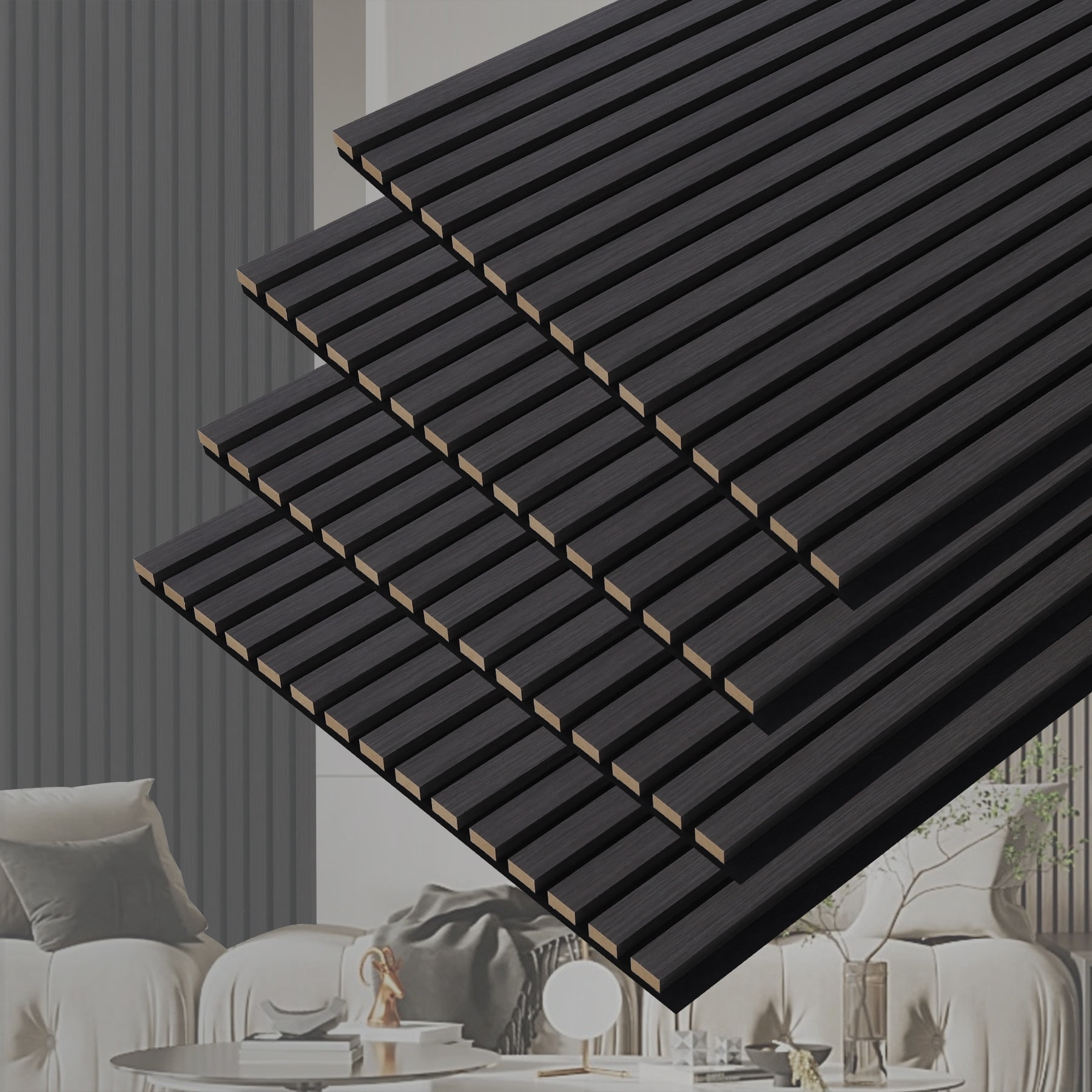 Taaizau 3D Slat Acoustic Wall Panels with Wood Finish Accent, 4 Pack Sound Absorbing Paneling for Studio, Office, Living Room, Bedroom Interior Decor (Matte Black, 48''L x 24''W)