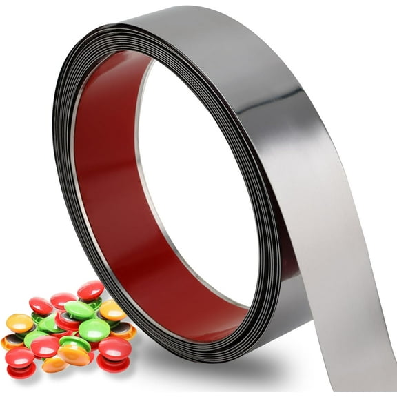 Taaizau Magnetic Self-Adhesive Metal Strip, Flexible Decorative Tape Roll with 50pcs Magnets For Workshop, Office, School, and Home Decoration,Shiny Silver,16.4ft x 1.6inch