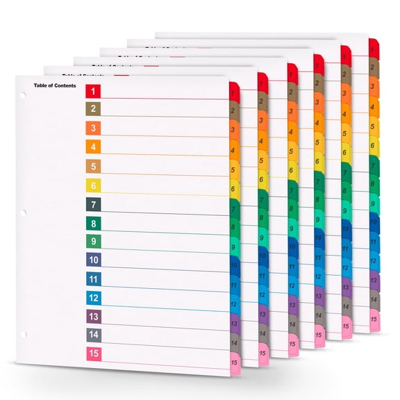 Manaloom Tab Dividers for 3-Ring Binders, 1-15 Numbered, 6 Sets
