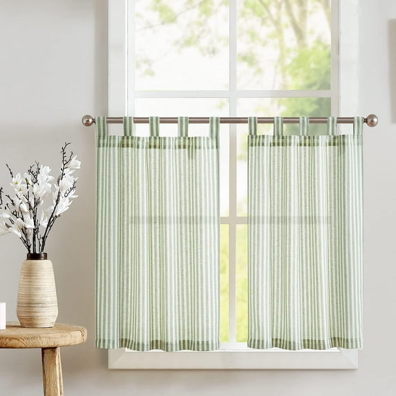 Tab Top Linen Kitchen Curtains 36 Inches Striped Tier Curtains Farmhouse Modern Cafe Style Small Window Treatments Airy Light Filtering Rod Pocket for Living Room Bathroom 2 Panels Sage Green