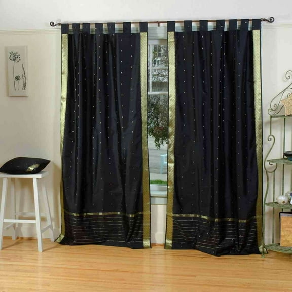 Tab Top Sheer Sari Curtains 43"W x 108"L matching tiebacks- Handcrafted Black Indian Drapes Unlined for light & airy ambience Perfect for Living/Bedroom/Dining Room Sold in Pairs
