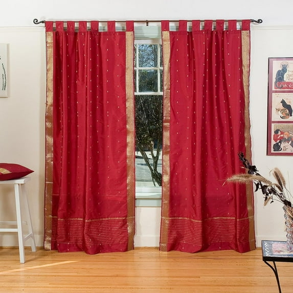 Tab Top Sheer Sari Curtains 43"W x 24"L matching tiebacks- Handcrafted Maroon Indian Drapes Unlined for light & airy ambience Perfect for Living/Bedroom/Dining Room Sold in Pairs