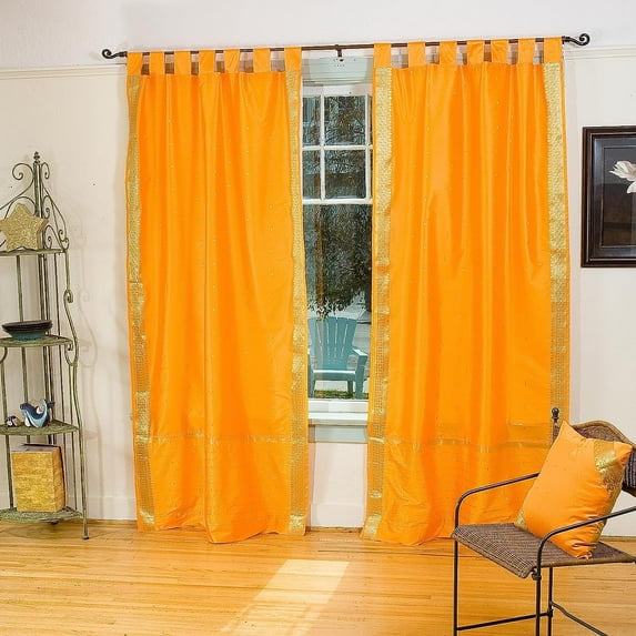 Tab Top Sheer Sari Curtains 80"W x 84"L matching tiebacks- Handcrafted Pumpkin Indian Drapes Unlined for light & airy ambience Perfect for Living/Bedroom/Dining Room Sold in Pairs