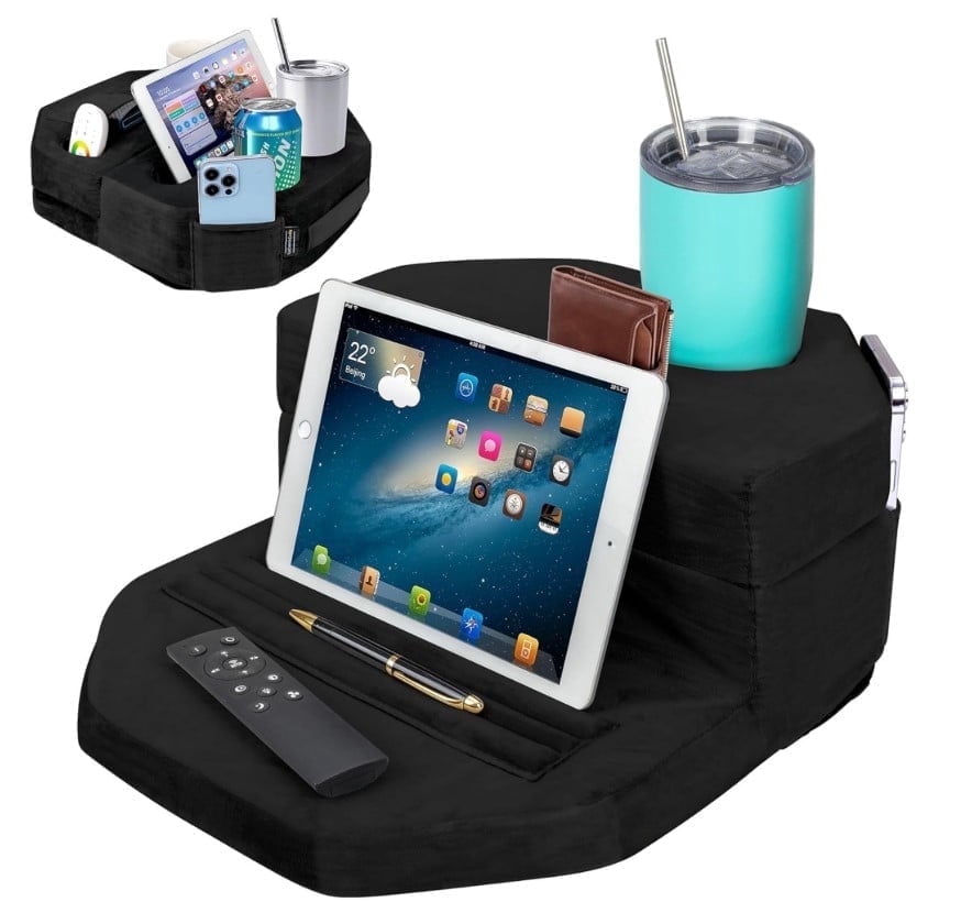 TabCouchCaddy Octagonal Couch Cup Holder Tray Pillow - Bed, Couch Caddy, Sofa, - Holds Drinks, Snacks, Remotes, Phones, Kindle, Tablet | Bed Cup Holder (Black)
