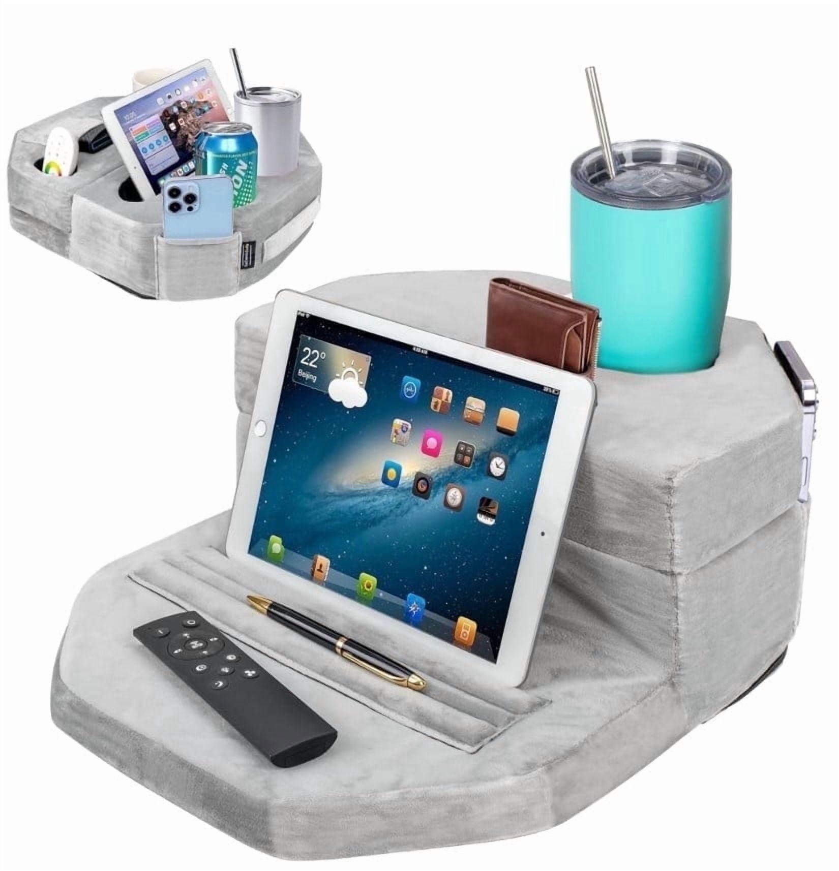 TabCouchCaddy Octagonal Couch Cup Holder Tray Pillow - Bed, Couch Caddy, Sofa, Bed - Holds Drinks, Snacks, Remotes, Phones, Tablet (Grey)