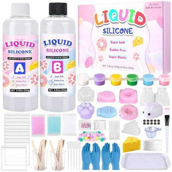 Taba Squishy Kit, 18OZ 1:1AB Liquid Silicone Set with 6 Molds, Bubble Free Decompression Squishies Gift Squishies Kit with Guide & Flocking Powder DIY Squishies Maker$$Art & Craft