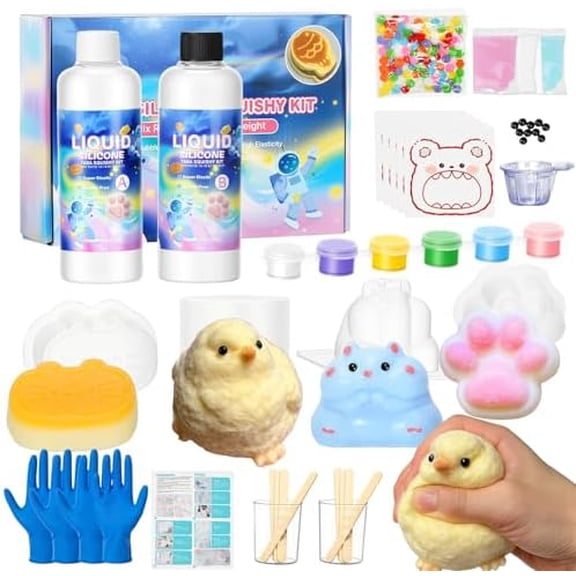 Taba Squishy Maker Kit  DIY Mochi Squishy Craft Kit, Silicone Mold Making Set with 18oz AB Silicone Gel, Giant Chick/Paw/Hamster/Cat Molds, Flocking Powder  Stress Relief Craft Gift for Adult