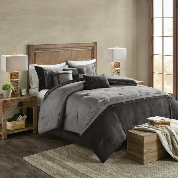 OMCHOM 7 Piece California King Size Faux Suede Comforter Set with Comforter, Bedskirt, Decorative Pillows & Shams,Grey