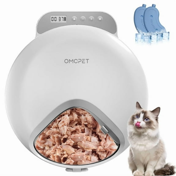 OMCHOM Automatic Cat Feeder Wet Food with 2 Ice Packs, Cordless Wet Pet Food Dispenser,4 Meals Per Day Fresh Food Refrigerated Container,Programmable Timed Auto Feeder for Kitten, White