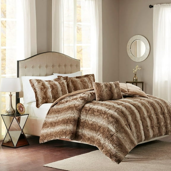 OMCHOM Full/Queen 4PC Faux Fur Comforter Set, Winter Thick Heavy Soft Puffy Comfy Comforters Bedding Set,Brown