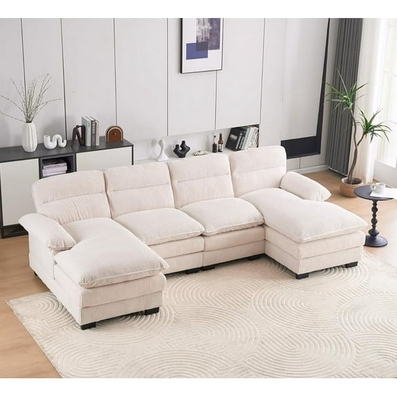 Tabaray 112" U Shaped Sectional Sofa, 4 Seater Convertible
Modular Sofa Couch, Corduroy Upholstered w 2 Chaise Lounges and Removable Pillow Armrests for Living Room Apartment Office (Beige)
