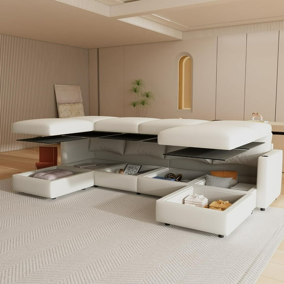 Tabaray 123'' Modular Sectional Sofa Couch with Storage Space, Ottoman for Living Room, Modern Upholstered U Shape Sectional Sofa Couch 4-Seat, Free Combination, Chenille Fabric, Antique White