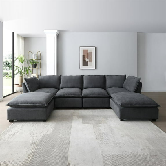Tabaray 130" Sectional Sofa with Full Down Feather Cushions, Fabric 6 Seats Modular U-Shaped Sofa Couch Set with Convertible Ottoman, Free Combination Sleeper Sofa for Living Room, Apartment