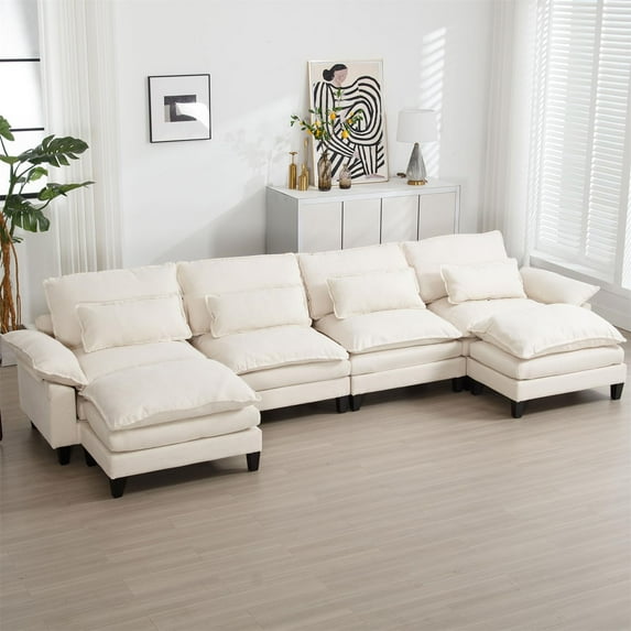 Tabaray 155" Oversized Modular Sectional Sofa, U Shaped Cloud Couch with Double Ottomans and Cushions, Ice Velvet Upholstered 6 Seat Sofa for Living Room, Home Sofa Set (Beige)