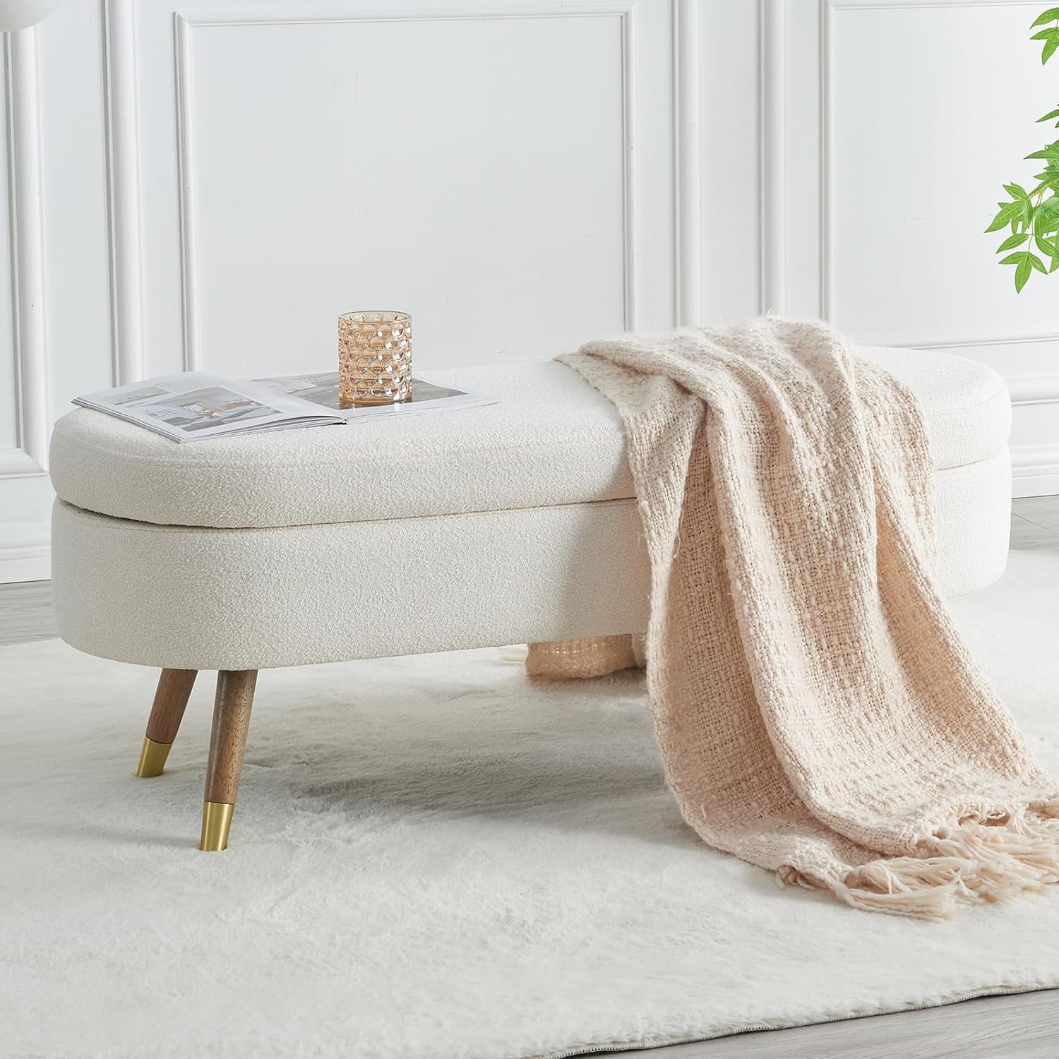 Tabaray 43" Storage Ottoman Bench, Boucle Upholstered Entryway Bench with Wood Legs, Padded