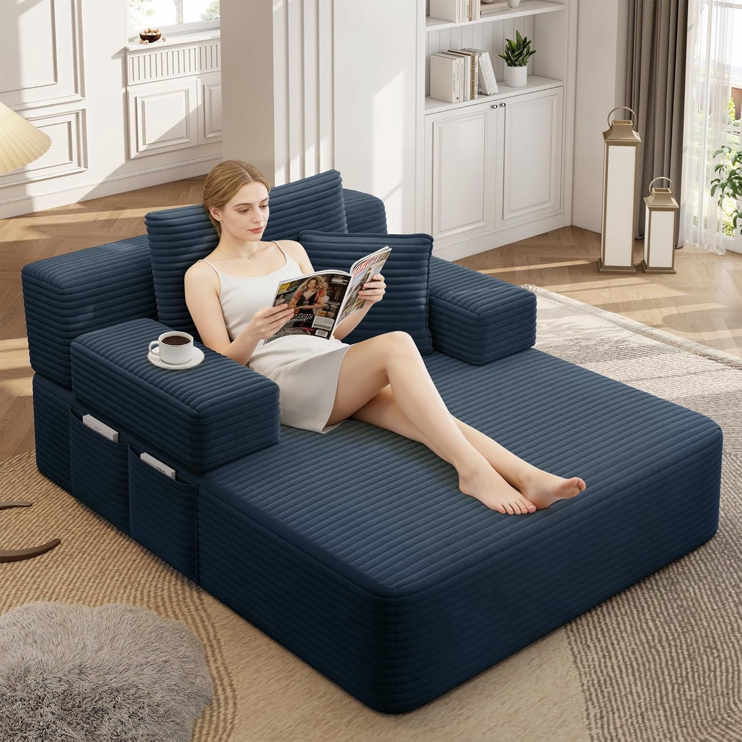 Tabaray 48.5'' Oversized Chaise Lounge Indoor, Plush Corduroy Couch with Pillows, Side Pocket, Upholstered Single Sofa Bed for Living Room, Balcony,Blue