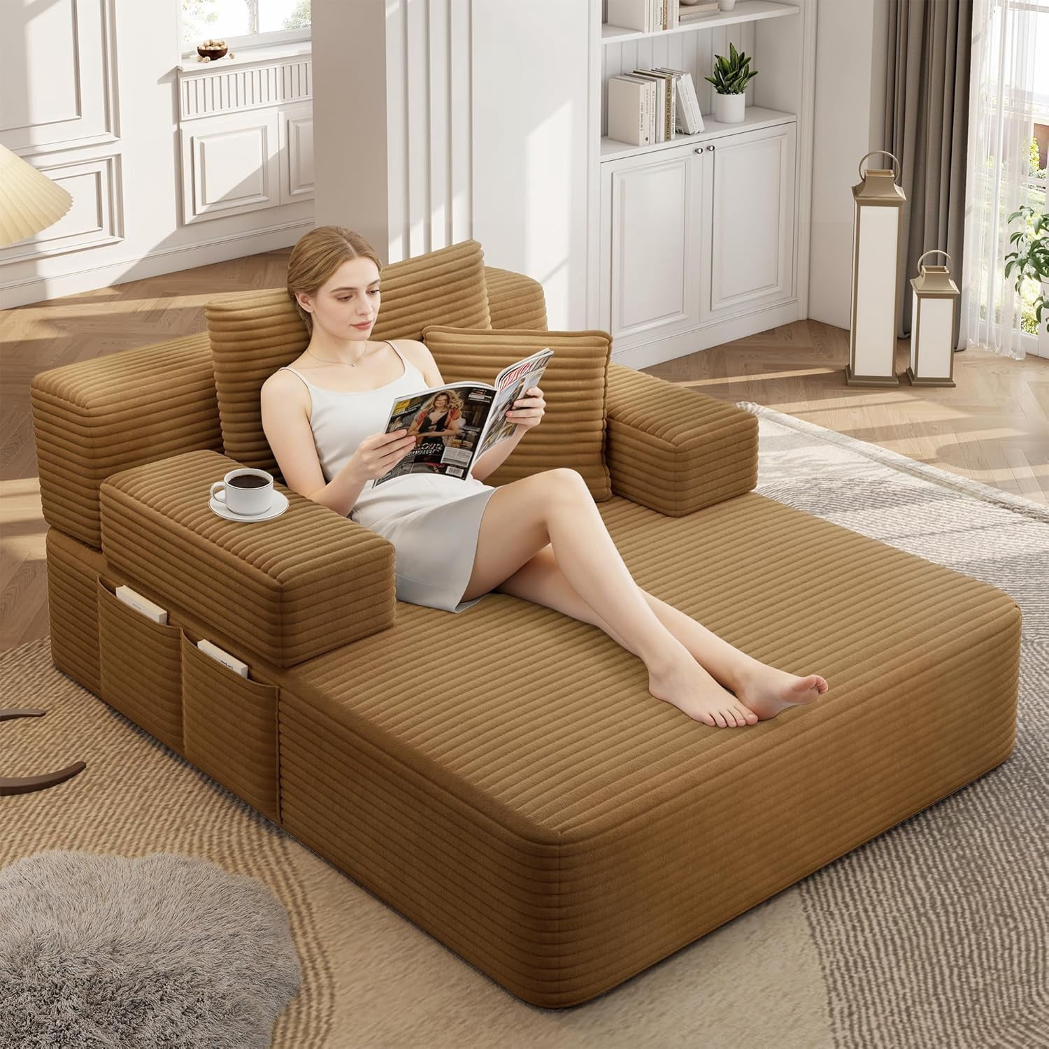 Tabaray 48.5'' Oversized Chaise Lounge Indoor, Plush Corduroy Couch with Pillows, Side Pocket, Upholstered Single Sofa Bed for Living Room, Balcony,Camel
