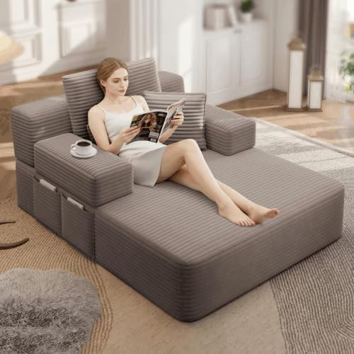 Tabaray 48.5'' Oversized Chaise Lounge Indoor, Plush Corduroy Couch with Pillows, Side Pocket, Upholstered Single Sofa Bed for Living Room, Balcony, Coffee