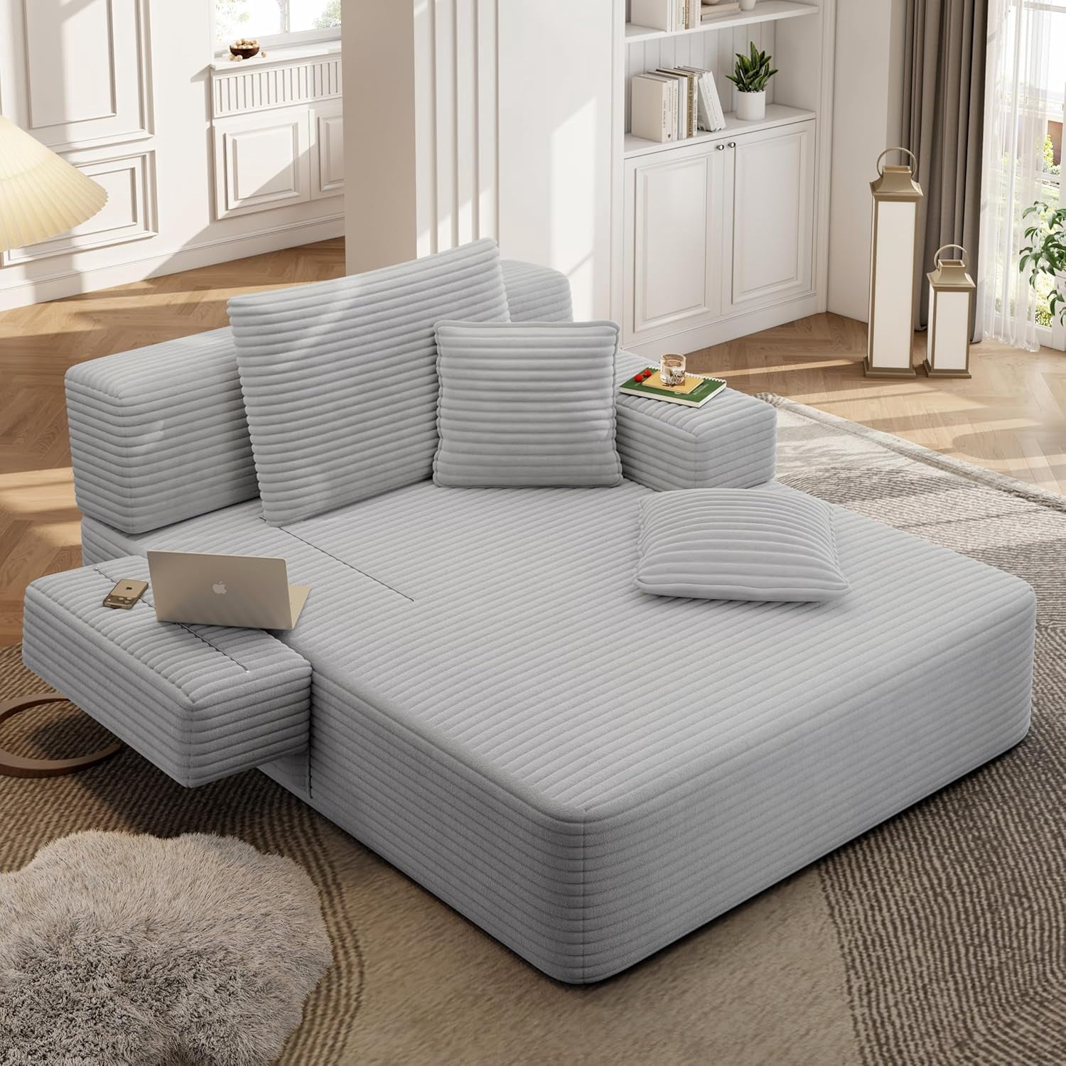 Tabaray 48.5'' Oversized Chaise Lounge Indoor, Plush Corduroy Couch with Pillows, Side Pocket, Upholstered Single Sofa Bed for Living Room, Balcony,Light Grey