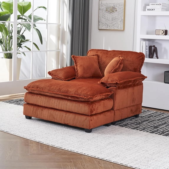 Tabaray 56.3" Convertible Sectional Sofa w Extra Deep Seats, Modern Corduroy Single Sofa Couch w 2 Toss Pillows & Ottoman, Modular Upholstered Sleeper Daybed for Living Room Apartment Office (Orange)