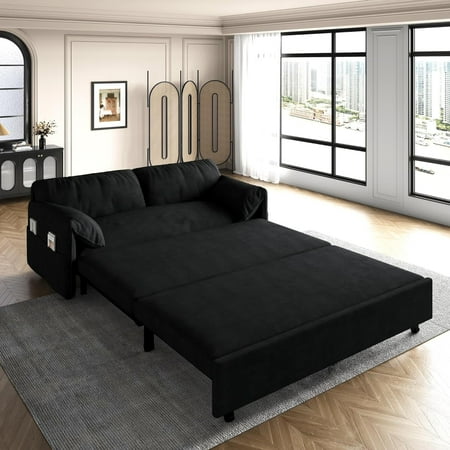 Tabaray 63.8" Futon Sofa Bed Queen Size, Pull Out Bed, 3-in-1 Convertible Sleeper Sofa with Side Pocket, Modern Plush Velvet Futon Couch for Living Room, Small Space, Apartment, Bedroom, Black