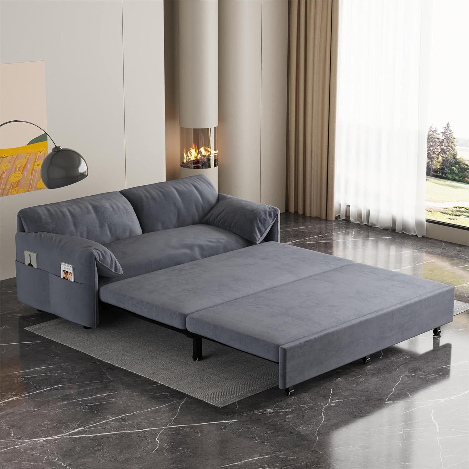 Tabaray 66" Sofa Bed Queen Size, Pull Out Couch Bed, 3-in-1 Convertible Sleeper Sofa with Side Pocket, Modern Velvet Futon Couch for Living Room, Small Space, Apartment, Bedroom, Dark Grey