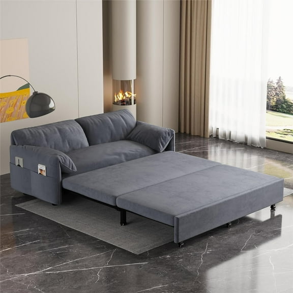 Tabaray 63.8" Sofa Bed Queen Size, Pull Out Couch Bed, 3-in-1 Convertible Sleeper Sofa with Side Pocket, Modern Velvet Futon Couch for Living Room, Small Space, Apartment, Bedroom, Dark Grey