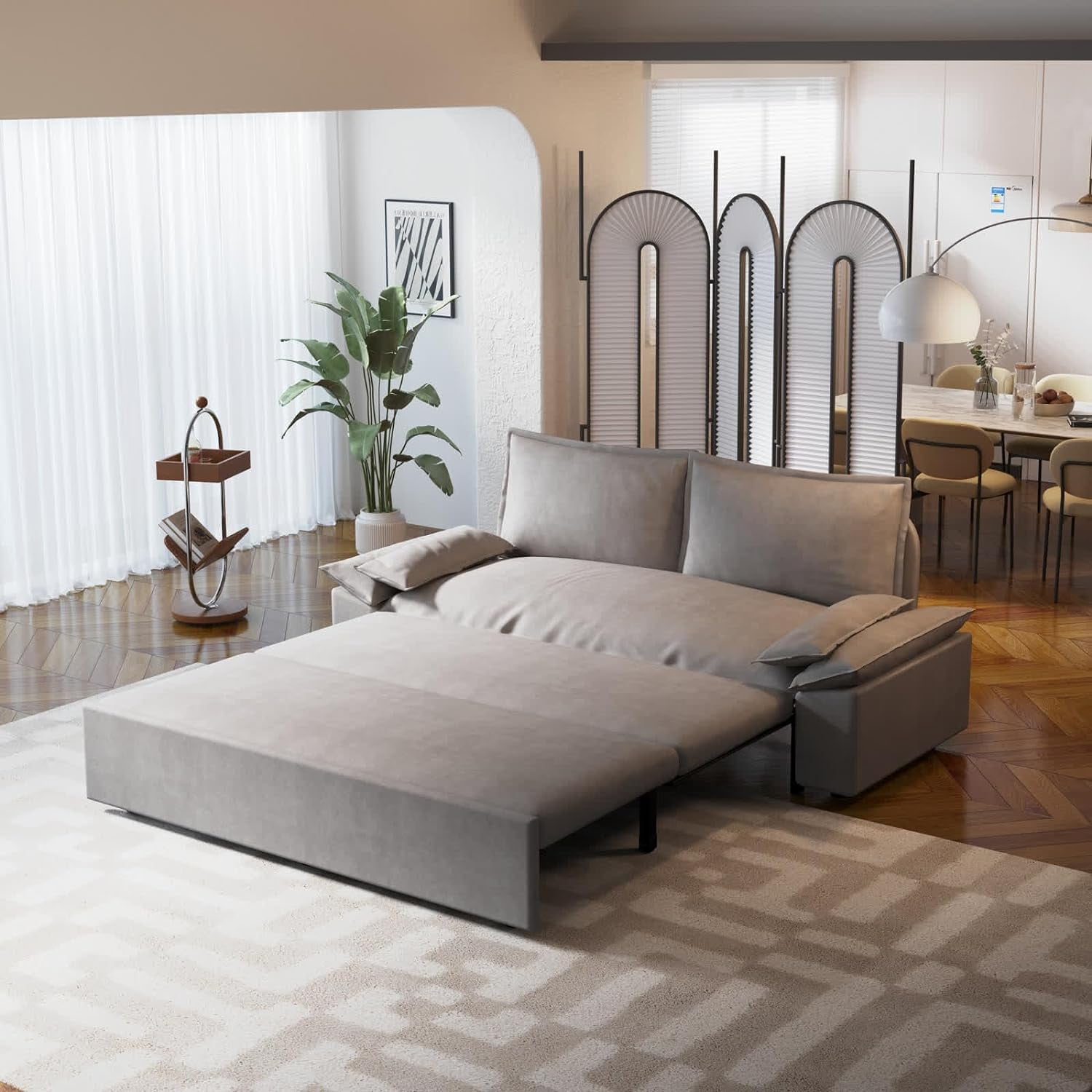 Tabaray 70.1" Futon Sofa Bed Queen Size, Pull Out Couch Bed, 3-in-1 Convertible Sleeper Sofa with 2 Soft Pillows, Modern Velvet Futon Couch for Living Room, Small Space, Apartment, Bedroom, Light Grey