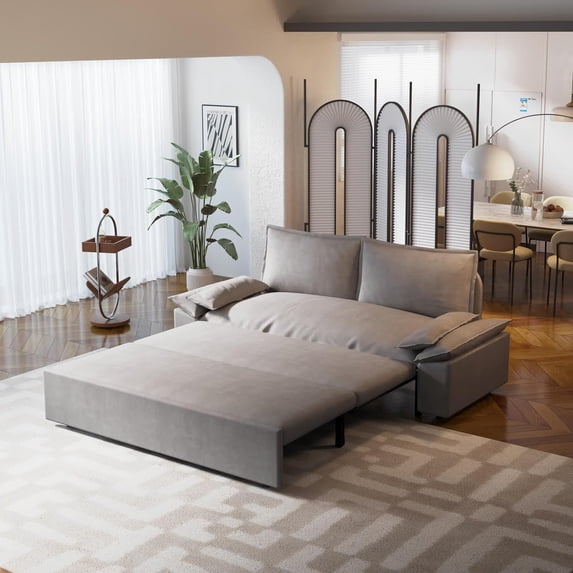 Tabaray 70.1" Futon Sofa Bed Queen Size, Pull Out Couch Bed, 3-in-1 Convertible Sleeper Sofa with 2 Soft Pillows, Modern Velvet Futon Couch for Living Room, Small Space, Apartment, Bedroom, Light Grey