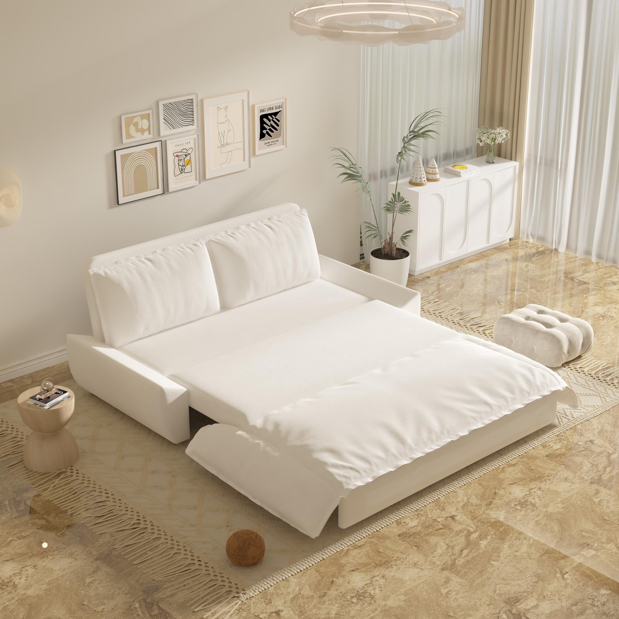 Tabaray 70.1" Futon Sofa Bed Queen Size, Pull Out Couch Bed, 3-in-1 Convertible Sleeper Sofa with 2 Soft Pillows, Modern Velvet Futon Couch for Living Room, Small Space, Apartment, Bedroom, Beige