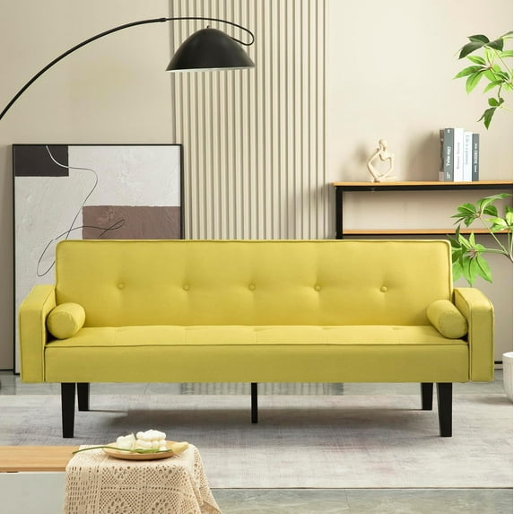 Tabaray 72" Futon Sofa Bed, Convertible Armrests Modern Living Room Linen Sofa Bed, Folding Recliner Futon Couch Sleeper Set with Solid Wood Legs, Yellow