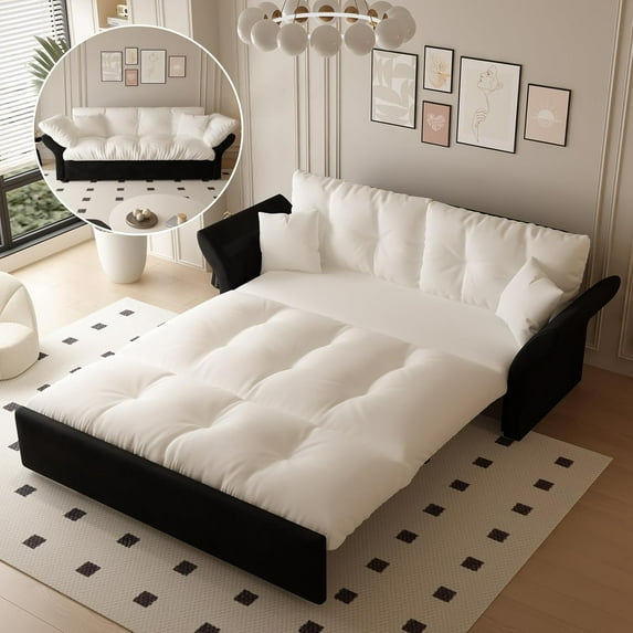 Tabaray 74.8" Queen Pull Out Sofa Bed, 3 in 1 Convertible Sleeper Sofa Futon Pullout Couch, Velvet Tufted Cloud Loveseat w 2 Pillows for Living Room Bedroom Apartment, Beige, Office, Guest Room Beige