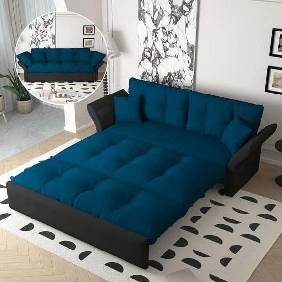 Tabaray 74.8" Queen Pull Out Sofa Bed, 3 in 1 Convertible Sleeper Sofa Futon Pullout Couch, Velvet Tufted Cloud Loveseat w 2 Pillows for Living Room Bedroom Apartment, Beige, Office, Guest Room Blue