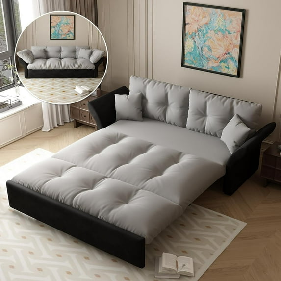 Tabaray 74.8" Queen Pull Out Sofa Bed, 3 in 1 Convertible Sleeper Sofa Futon Pullout Couch, Velvet Tufted Cloud Loveseat w 2 Pillows for Living Room Bedroom Apartment, Beige, Office, Guest Room Grey