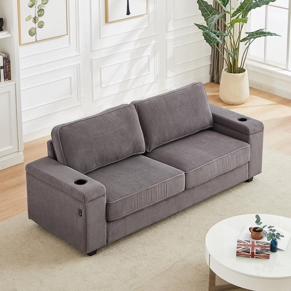 Tabaray 86.5" Living Room Sofa Couch, Modern 3 Seat Comfy Couch with Extra Deep Seats, Oversized Loveseat Sofa with Storage and 2 USB Ports, 2 Cup Holders, Corduroy Upholstered Sofa (Grey)