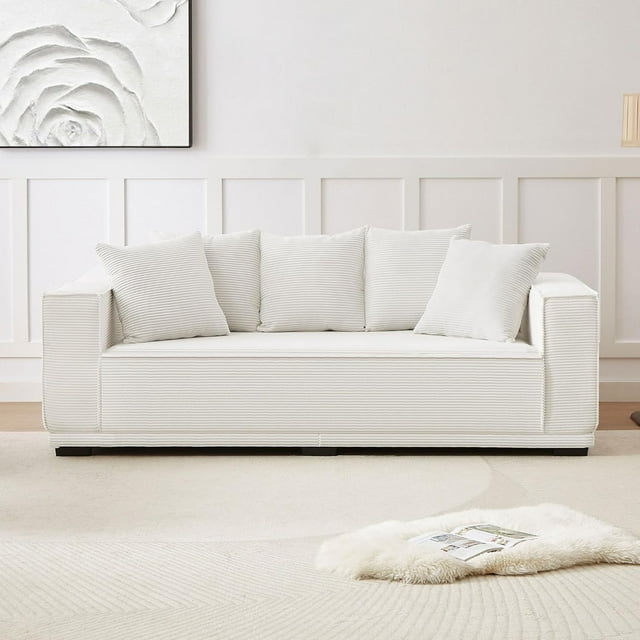 Tabaray 89" Modern Sofa Couch for Living Room, Modern Upholstered Sponge Sofa Corduroy Fabric Couch w 17.71" Seat Height for Home Office, Living Room, Space Saving,No Assembly Sofa Feet + White