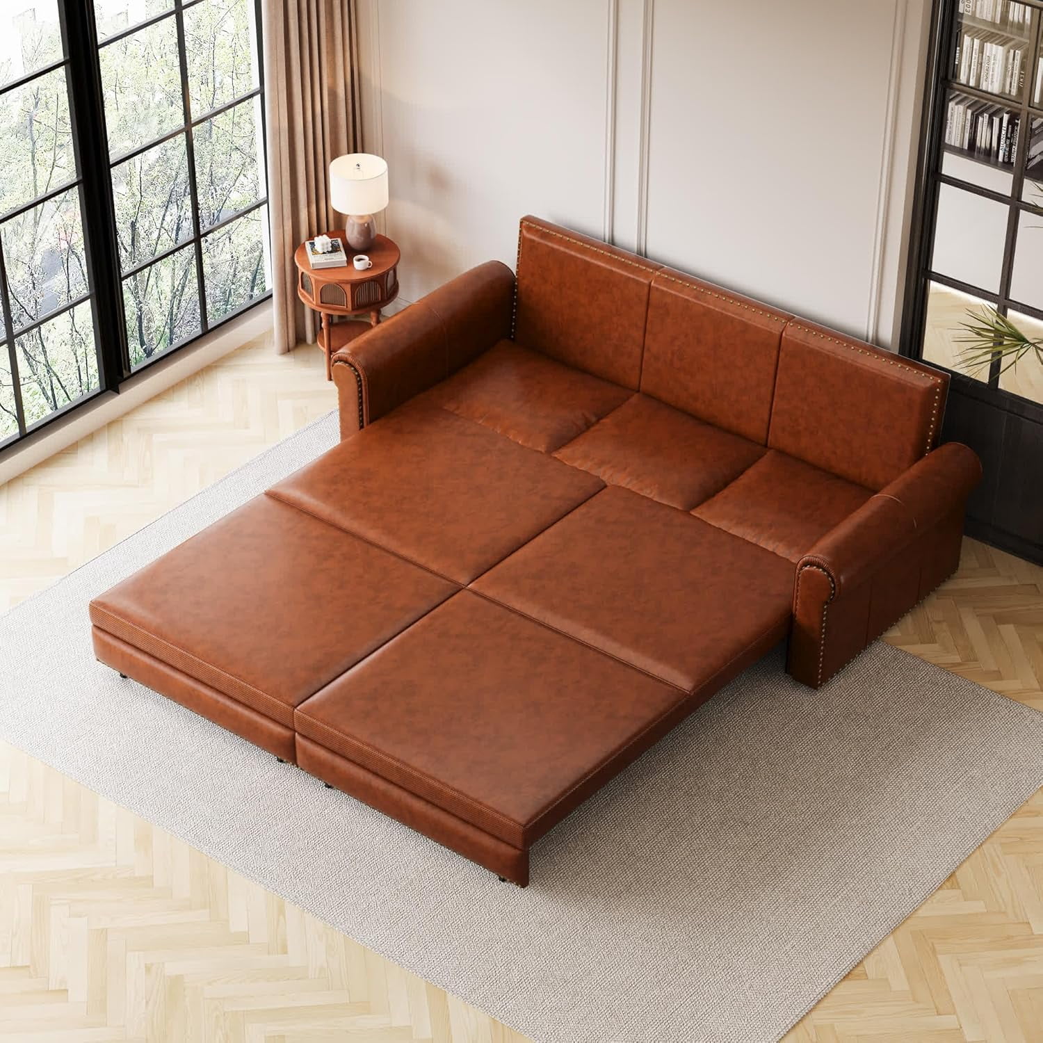 Tabaray 93.7" King Pull Out Sofa Bed, Faux Leather Sleeper Sofa Couch, 3 in 1 Convertible Futon Couches for Living Room, Small Space, Apartment, Office, Bedroom, Modern Rivet Armrest, Dark Brown