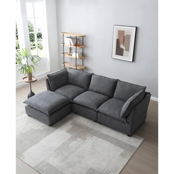 Tabaray 99.3" Sectional Sofa with Full Down Feather Cushions, Fabric 5 Seats Modular L-Shaped Sofa Couch Set with Convertible Ottoman, Free Combination Sleeper Sofa for Living Room, Apartment