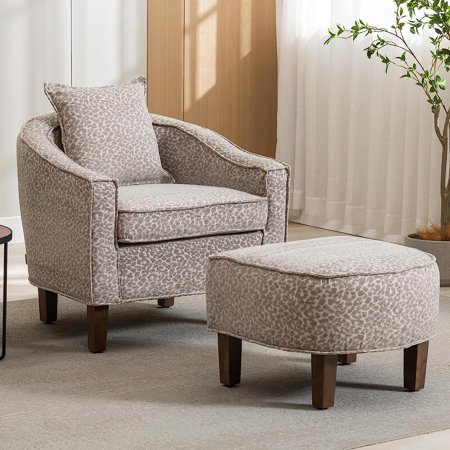Tabaray Accent Chair with Ottoman,Round Sofa Chair with Pillow,Wood Legs,Small Accent Chairs for Small Space,Living Room,Bedroom,Office (Leopard Gray Chenille)