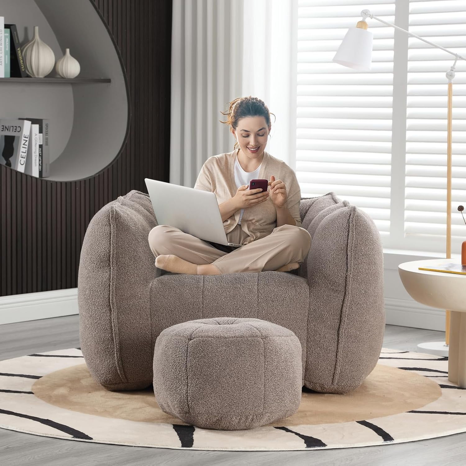 Tabaray Bean Bag Chairs with Ottoman, Bean Bag Couch for Adults, Bean Bag Sofa with High Resilient Foam, Modern Lazy Sofa Chair with Armrests for Living Room, Bedroom, Gaming Room, Apartment Coffee