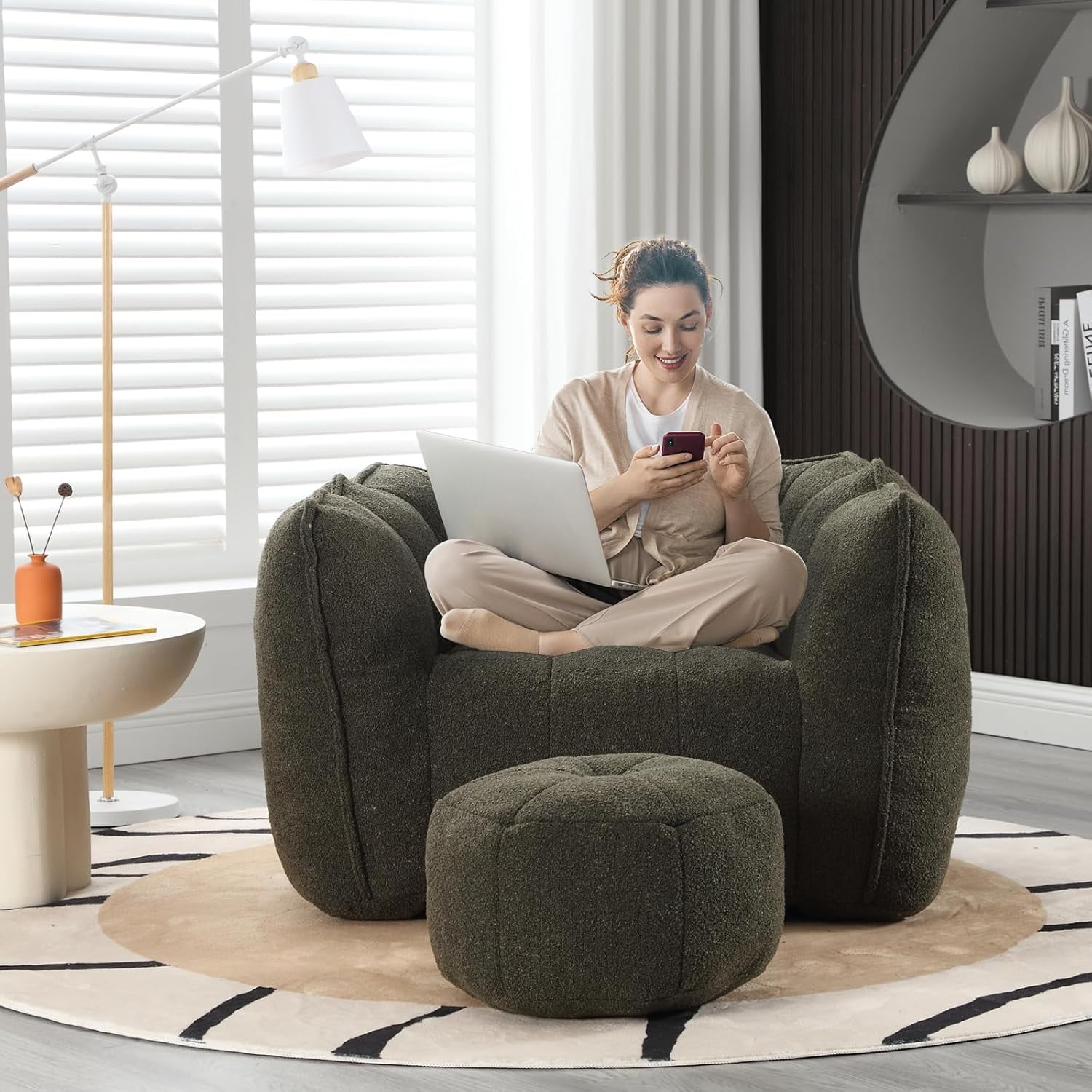 Tabaray Bean Bag Chairs with Ottoman, Bean Bag Couch for Adults, Bean Bag Sofa w High Resilient Foam, Modern Lazy Sofa Chair with Armrest for Living Room, Bedroom, Gaming Room, Apartment Olive Green
