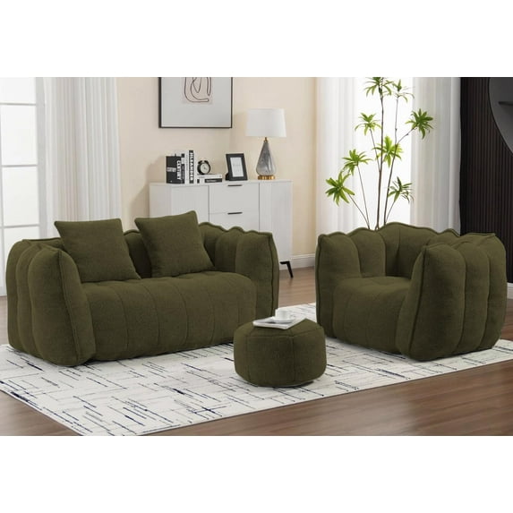 Tabaray Bean Bag Sofa and Bean Bag Chair with Ottoman, Twin Size Bean Bag Chairs for Adults, Bean Bag Couch Lazy Sofa Chair with Armrests for Living Room, Bedroom, Gaming Room, Apartment Olive Green