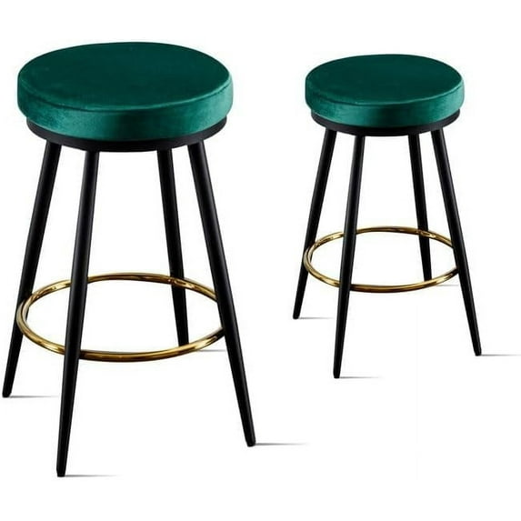 Tabaray Counter Height Bar Stools, 24 Inches Velvet Swivel Bar Stools Set of 2 Modern Upholstered Bar Chairs with Metal Frame Backless for Kitchen Counter Bar Island (Green)