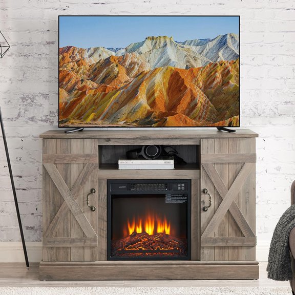 Tabaray Farmhouse Classic Media TV Stand for TV up to 50”, Retro Wooden TV Console with Open and Closed Storage Cabinets and Electric Fireplace for Bedroom, Living Room (Gray Wash + 18" Fireplace)