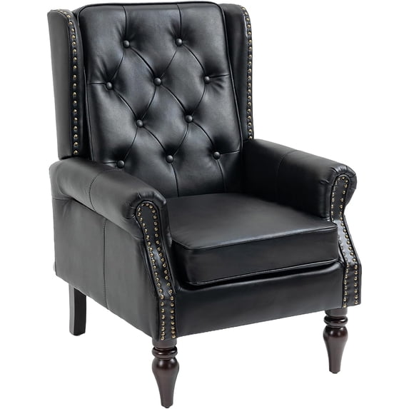 Tabaray Faux Leather Accent Chair, Modern Living Room Chairs, Button Tufted Wingback Armchair with Wood Legs, Upholstered Bedroom Chair with Rivet Decoration, Leisure Reading Chair, Black