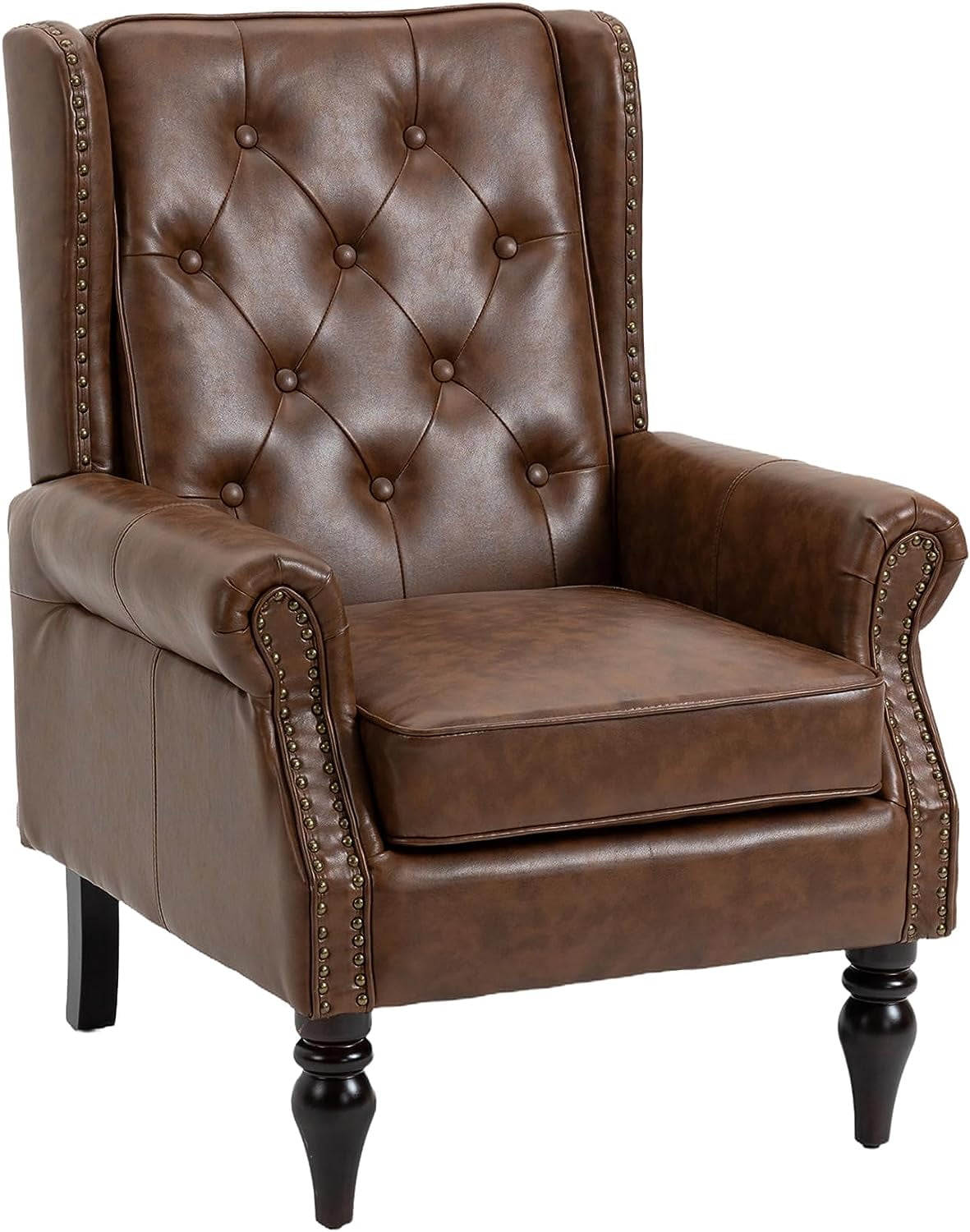 Tabaray Faux Leather Accent Chair Modern Living Room Chairs Button Tufted Wingback Armchair with Wood Legs Upholstered Bedroom Chair with Rivet Decoration Leisure Reading Chair Brown Walmart