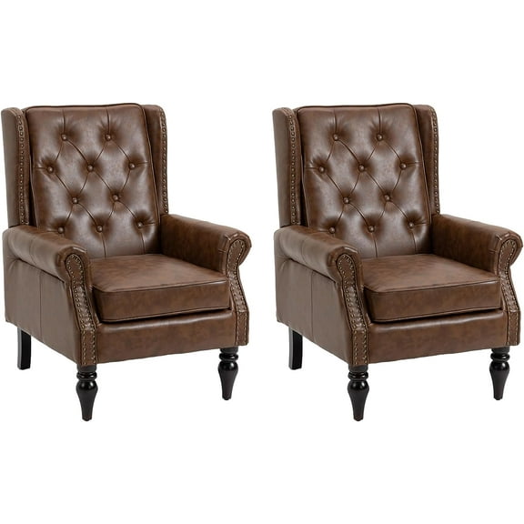 Tabaray Faux Leather Accent Chair Set of 2, Modern Living Room Chairs, Button Tufted Wingback Armchair with Wood Legs, Upholstered Bedroom Chair with Rivet Decoration, Leisure Reading Chair, Brown