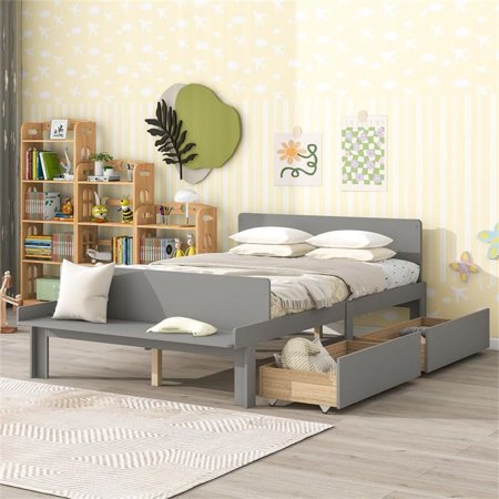 Tabaray Full Size Bed Frame with 2 Storage Drawers, Wooden Platform Bed with Footboard Bench and Headboard, Modern Montessori Bed for Boys Girls Bedroom, No Box Spring Needed, Gray