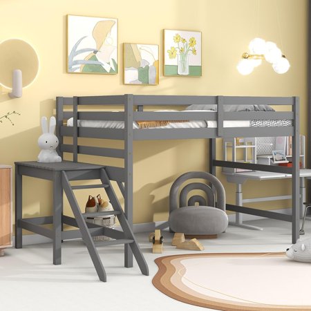 Tabaray Full Size Loft Bed,Solid Wood Bed Frame with Platform and Ladder,Low Loft Bed with Large Under-Bed Storage Space for Boys and Girls,Gray