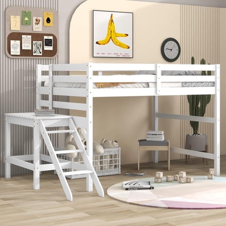Tabaray Full Size Loft Bed,Solid Wood Bed Frame with Platform and Ladder,Low Loft Bed with Large Under-Bed Storage Space for Boys and Girls,White